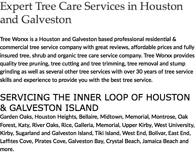 Expert Tree Care Services in Houston and Galveston Tree Worxx is a Houston and Galveston based professional residential & commercial tree service company with great reviews, affordable prices and fully insured tree, shrub and organic tree care service company. Tree Worxx provides quality tree pruning, tree cutting and tree trimming, tree removal and stump grinding as well as several other tree services with over 30 years of tree service skills and experience to provide you with the best tree service. SERVICING THE INNER LOOP OF HOUSTON & GALVESTON ISLAND Garden Oaks, Houston Heights, Bellaire, Midtown, Memorial, Montrose, Oak Forest, Katy, River Oaks, Rice, Galleria, Memorial, Upper Kirby, West University, Kirby, Sugarland and Galveston Island, Tiki Island, West End, Bolivar, East End, Laffites Cove, Pirates Cove, Galveston Bay, Crystal Beach, Jamaica Beach and more.